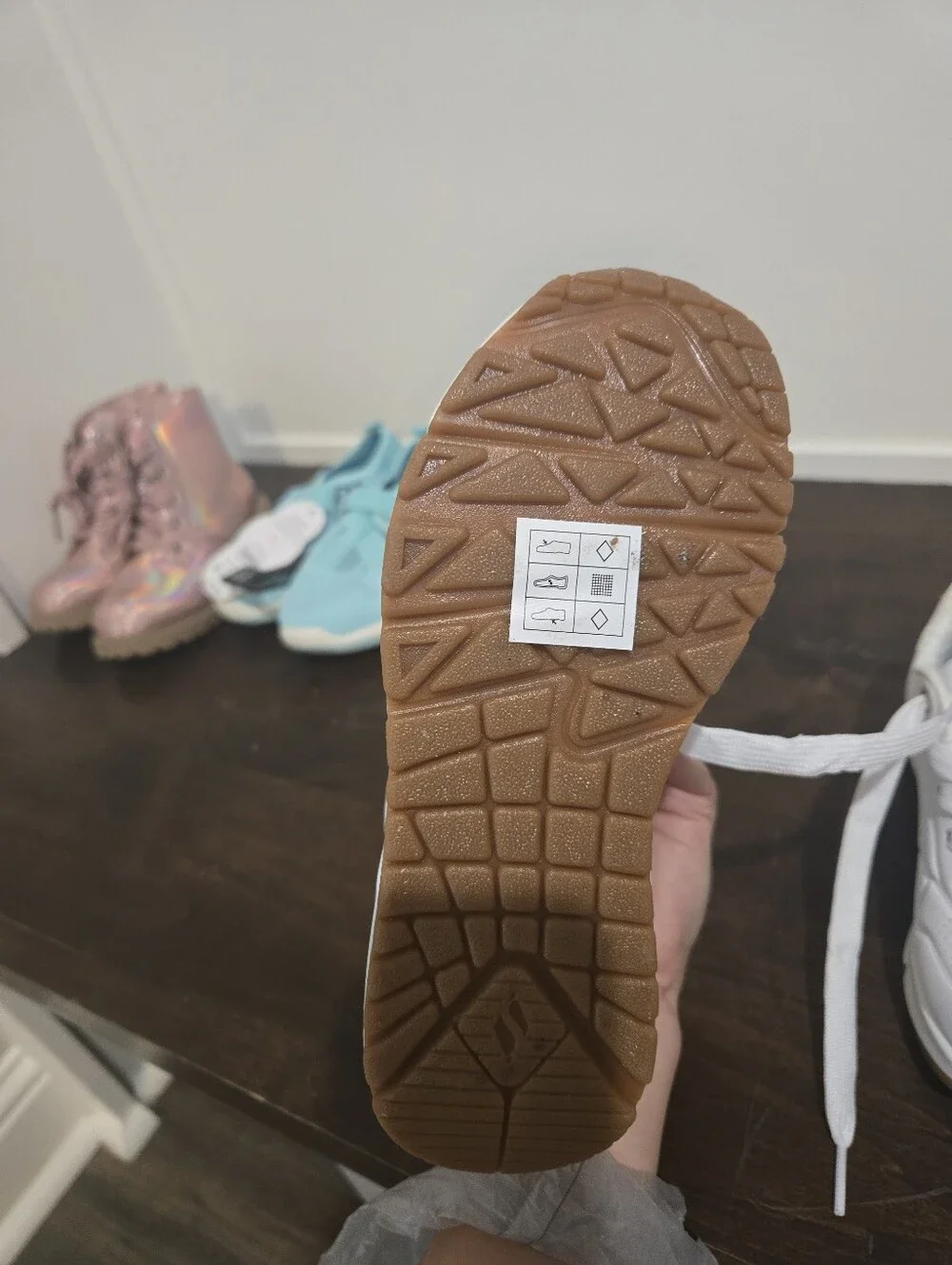 Little Kids Size 11 Skechers White Platform Sneakers with Gold and Tan Accents